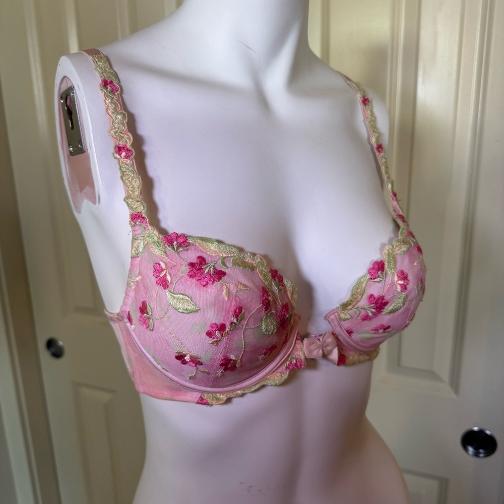Triumph Pink Floral Embroidered Underwire Bra with Gold Trim